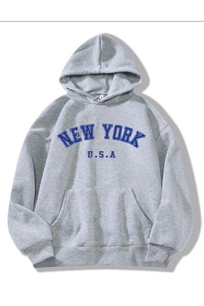 LEONE Φούτερ με κουκούλα Oversize Blue New York Print
