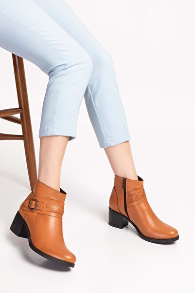 Gondol Kadın Hakiki Deri Kaymaz Taban Topuklu Bot Okn.1063 - Taba - 36