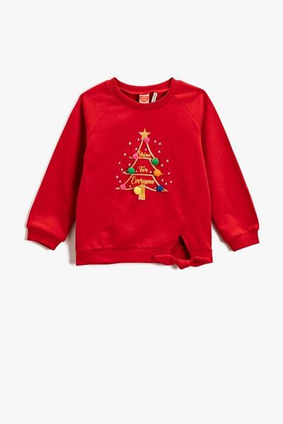 Koton Baby Girl Belted Glitter Crew Neck Christmas Tree Printed Pompom Detail
