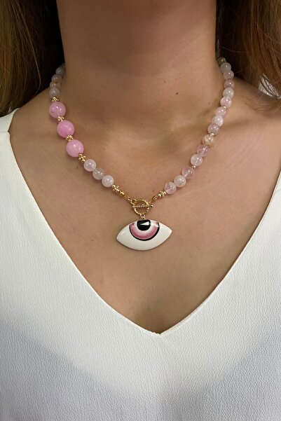 Suerte Accessories Pembe Kuvars Doğal Taşlı Altın Aksesuarlı Seramik Evil Eye...