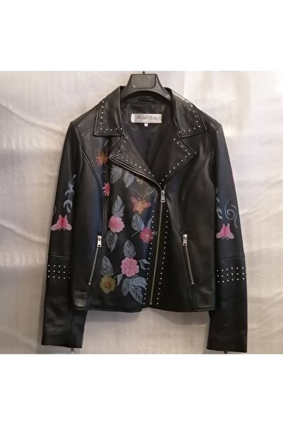 Butik Tülin Kadın Hakiki Deri Siyah Renkli El Boyama Çiçekli Fermuarlı Cepli ...
