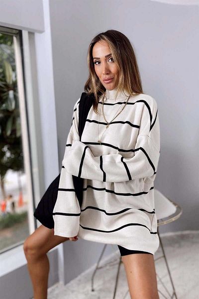 whocares Tunică pulover cu dungi model oversize cu guler inalt damă 