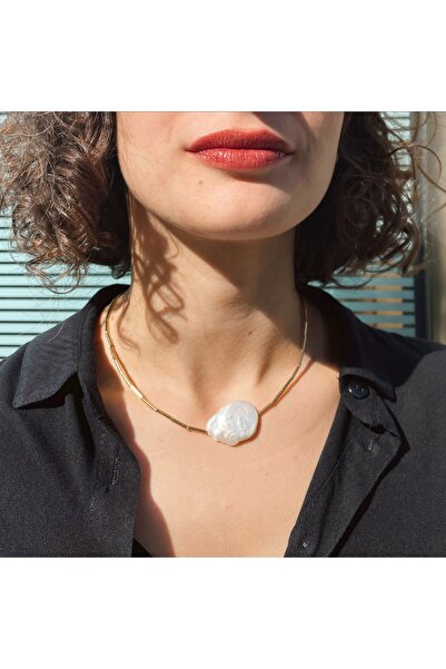 Myth Atelier Thetis Iıı Necklace - Altın Kaplama Boru Detaylı Barok Inci Kolye