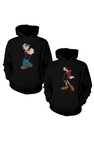 Merkür Store Popeye And Safinaz Lover Couple Black Hooded Sweatshirt