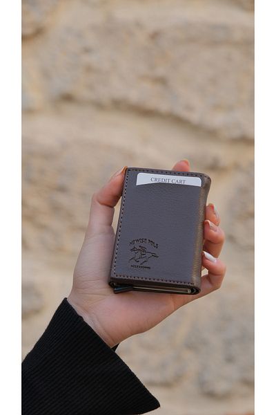 NEWISH POLO ACCESSORIES Brown Ανδρικός Αυτόματος Μηχανισμός Multi-Eye Έξυπνη θήκη πιστωτικής κάρτας Πορτοφόλι και θήκη κάρτας από συνθετικό δέρμα