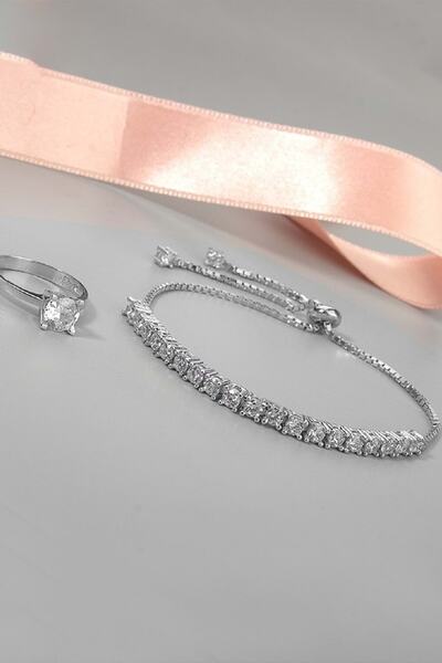 UBUH SHOP Zirkon Taşlı Asansörlü Su Yolu Bileklik + Tek Taş Yüzük Seti