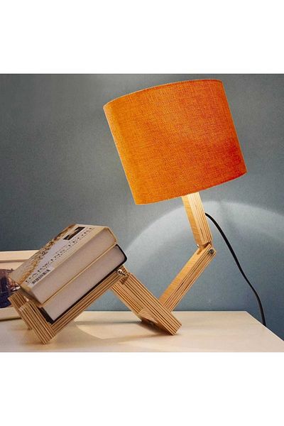 TEKAY AYDINLATMA Sitting Man Lampshade Natural Wooden Movable Body Orange Jute Head with Bookshelf