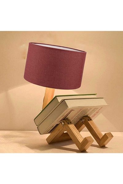 TEKAY AYDINLATMA Sitting Man Lampshade Natural Wooden Movable Body Claret Red Jute Head with Bookshelf