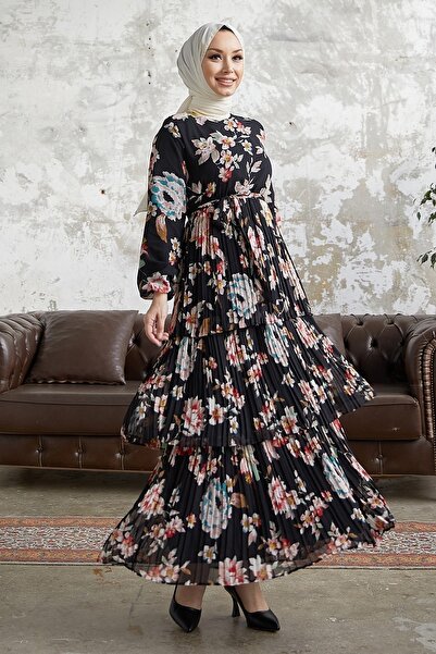 InStyle Alves Floral Waist Belted Pleated Hijab Dress - Black