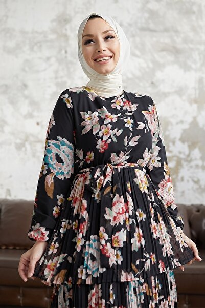 InStyle Alves Floral Waist Belted Pleated Hijab Dress - Black