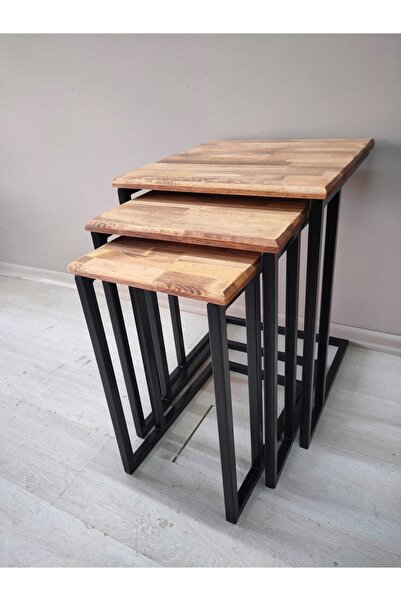 Shopkutuk Masif Ahşap Metal Ayaklı 3'lü Zigon C Sehpa