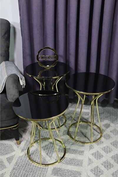Zigonzi 3'lü Zigon Kum Saati Sehpa Takımı Düz Siyah Temperli Cam Gold Ayak