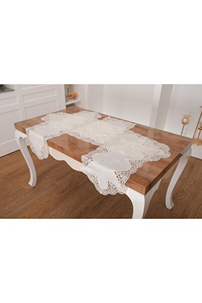 Finezza طقم غرفة معيشة كريمي من قماش الكتان اللامع الفاخر من Nadide 5 قطع - 1367