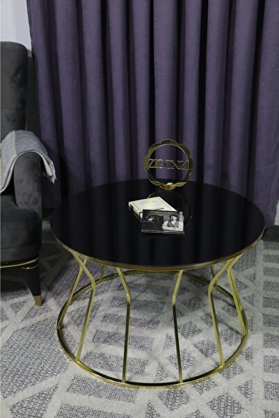 Zigonzi Orta Sehpa - Kum Saati Model - Düz Siyah Temperli Cam - Gold Ayak