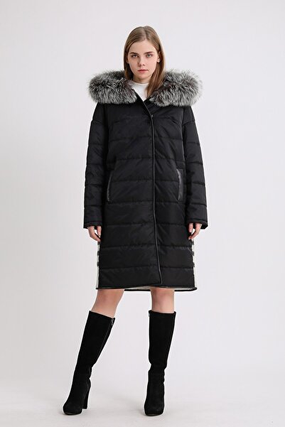 Leather Club Siyah Arjante Fox Aksesuarlı Kaşmir Garnili Puffer Kaban