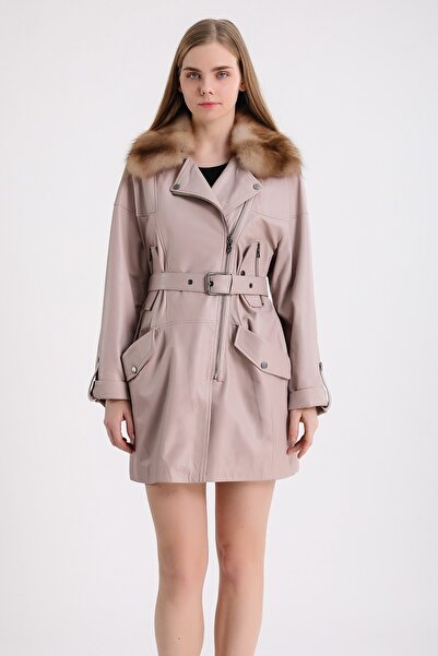 Leather Club Krem Kürk Aksesuarlı Trench Deri Kaban