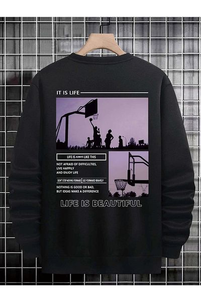 YUVEST Blackrock Unisex Oversize Life Is Beautiful Printed Crew Neck Black Sweatshirt