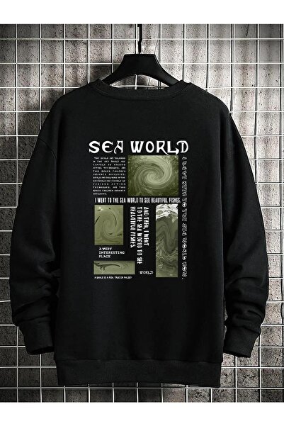 YUVEST سويت شيرت أسود برقبة دائرية مطبوع عليه Sea World مقاس كبير للجنسين من ...