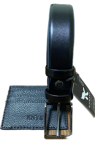 Karalı Deri Curea pentru costum clasic fără model pentru bărbați negre + suport card 2083-1-110cm