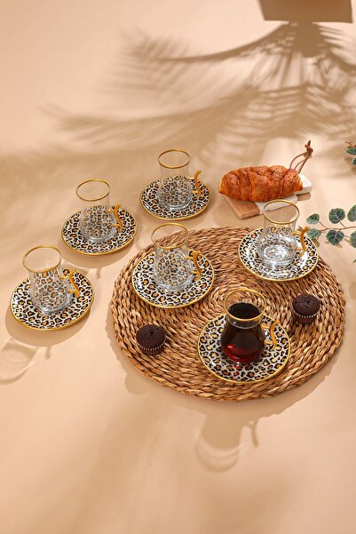 GÜRCÜGLASS Leopard Pattern Tea Set with Handles 12 pcs