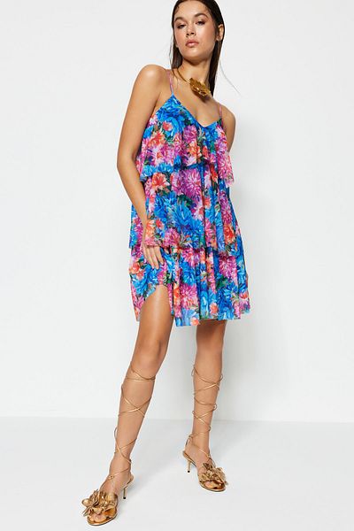 Trendyol Collection Többszínű bélésű A-vonalú tüll rövid estélyi ruha éjszakai hazatérés ruha TPRSS23EL00144