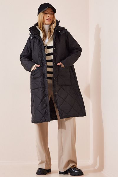 Happiness İstanbul Women's Black Hooded Quilted Coat FN02999