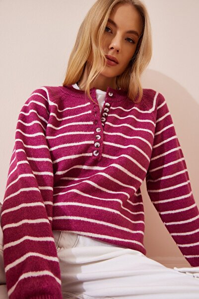 Happiness İstanbul Pulover de damă LX00040, cu guler, cu nasturi, cu guler