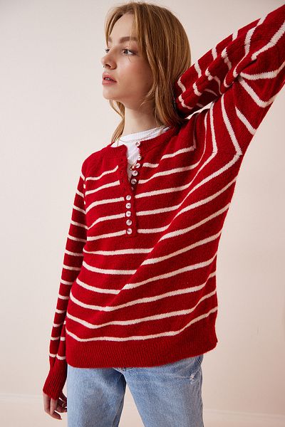 Happiness İstanbul Woman's Red Buttoned Lapel Knit Sweater LX00040