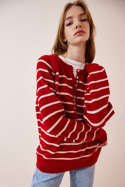 Happiness İstanbul Woman's Red Buttoned Lapel Knit Sweater LX00040
