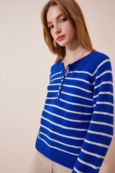 Happiness İstanbul Pulover de damă albastru închis cu nasturi din tricot cu rever LX00040