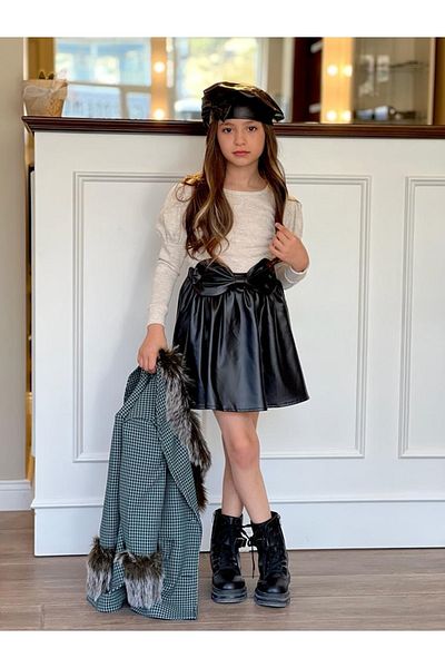 Poyraz Fashion Kids Girl's Jacketed Plug-in Fur Leather Skirt Hat Badi Set