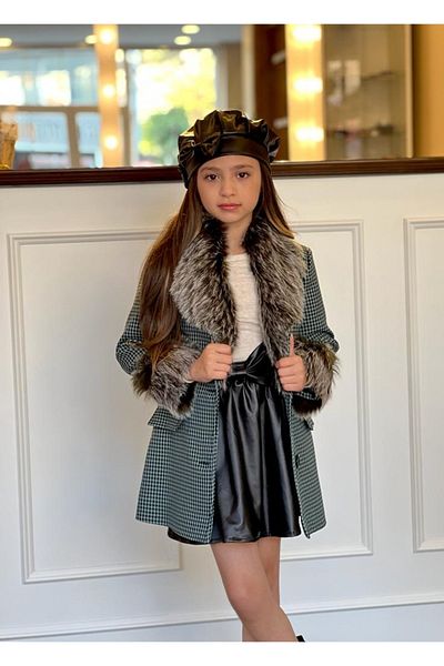 Poyraz Fashion Kids Girl's Jacketed Plug-in Fur Leather Skirt Hat Badi Set