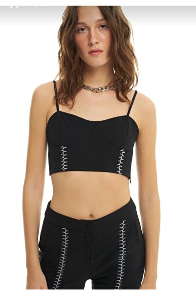 Quzu Askılı Crop Siyah Büstiyer