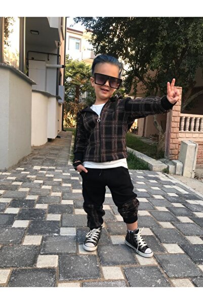 Karınca Çocuk Siyah-kahve Renk Kışlık Içi Şardonlu Kapşonlu Üçlü Takım