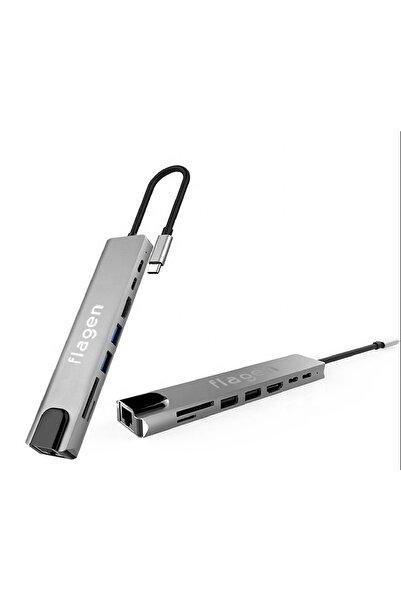FLAGEN İpad Pro 8 in 1 Ethernet SD USB Type C Hub HDMI Girişli Çevirici