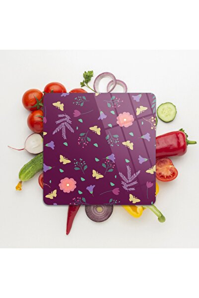 Decovetro Cam Kesme Tahtası Kare Mor Sarı Kelebek Çiçek Desenli