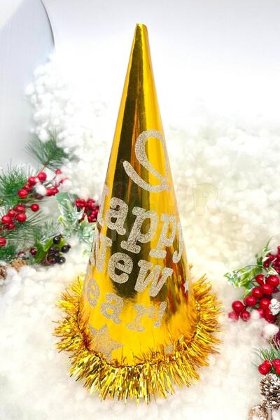 Huzur Party Store Χρυσό Χρώμα Πρωτοχρονιάτικο Καπέλο Χάρτινο Καλή Πρωτοχρονιά Τυπωμένο Glittery Shiny Tassels Χρυσοκίτρινο Μεγάλο Μέγεθος