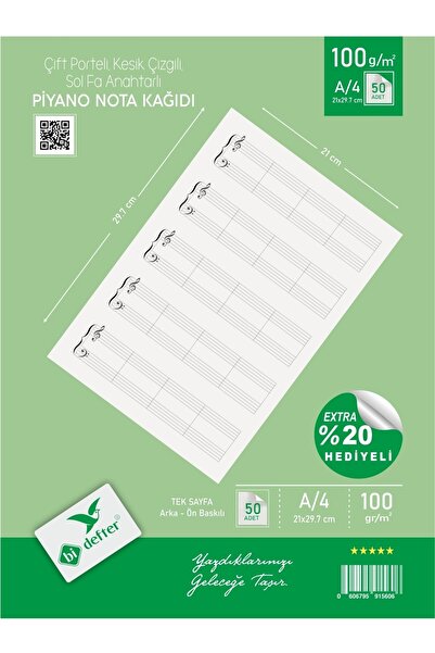 BİDEFTER Piyano Nota Kağıdı (çift Porteli Kesik Çizgili Sol Fa Anahtarlı)