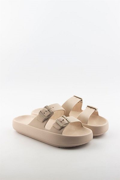 Anıl Ayakkabı Akınal Bella Double Buckle Platform Summer Cream Beige Slippers