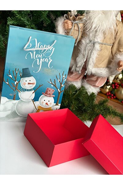 QUEEN AKSESUAR Büyük Karton Kardan Adam Kış Yılbaşı Desenli Hediye Paketi Çanta Kırmızı Kutu Set