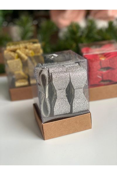 QUEEN AKSESUAR New Year's New Year 15-Piece Shiny Glittery Bow Decoration Pine Tree Package Gift Ornament Boxed Silver