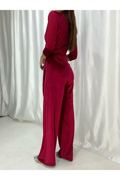 merlavin Women's Red, Wide Leg Belted Velvet Fabric Jumpsuit Dress