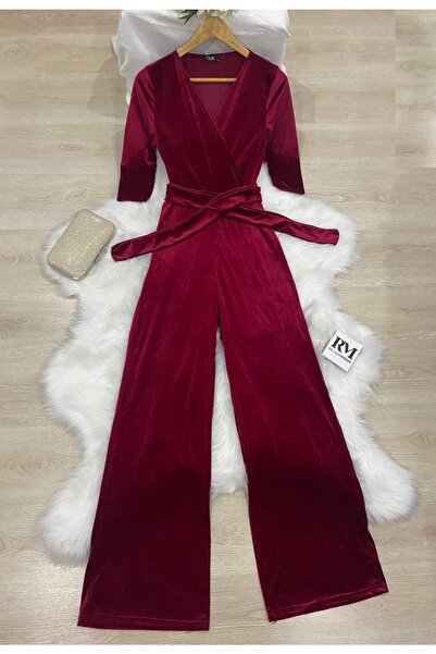 merlavin Women's Red, Wide Leg Belted Velvet Fabric Jumpsuit Dress