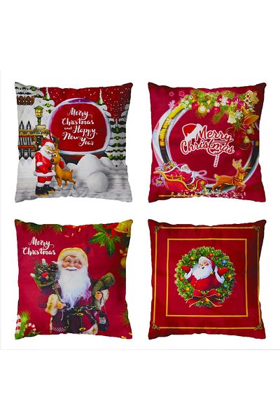 Mrs.Gugar 43x43 cm Santa Claus Printed New Year's Square Throw Pillow Set - 4 Pieces