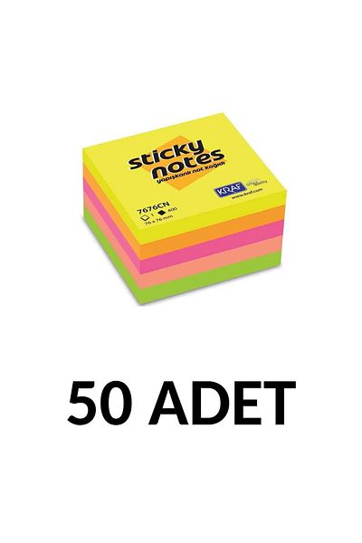 KRAF 50 Pack Adhesive Note Paper Cube 76x76 400yp Neon