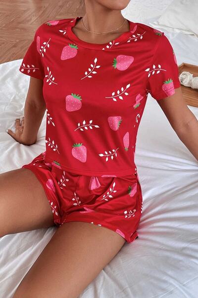 PEMBİŞ HOMEWEAR مجموعة شورت تكس سوبر سوفت، فراولة