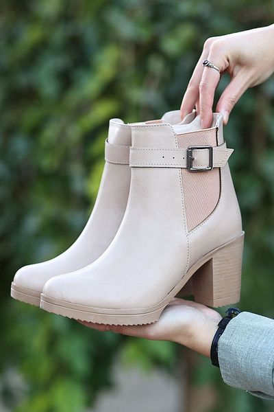 LEYDİ SHOES Emy-203 Μπεζ Μπότες με φερμουάρ με λεπτομέρειες από καουτσούκ