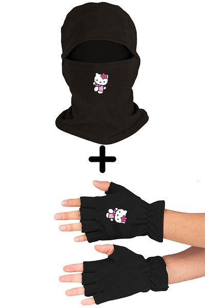 herotasarım Hello Kity Black Fleece μάσκα χιονιού και σετ γάντια κοπής - Bll2782