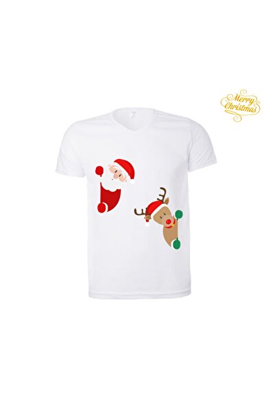 HediyeMania Λευκό χριστουγεννιάτικο μπλουζάκι Άγιου Βασίλη με ελάφια με τύπωμ...