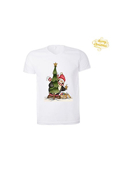 HediyeMania Λευκό χριστουγεννιάτικο μπλουζάκι με πιγκουίνος και πεύκο με τύπω...